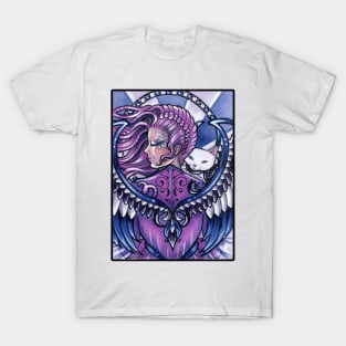 Guardian Angel and White Cat - Black Outline Version T-Shirt